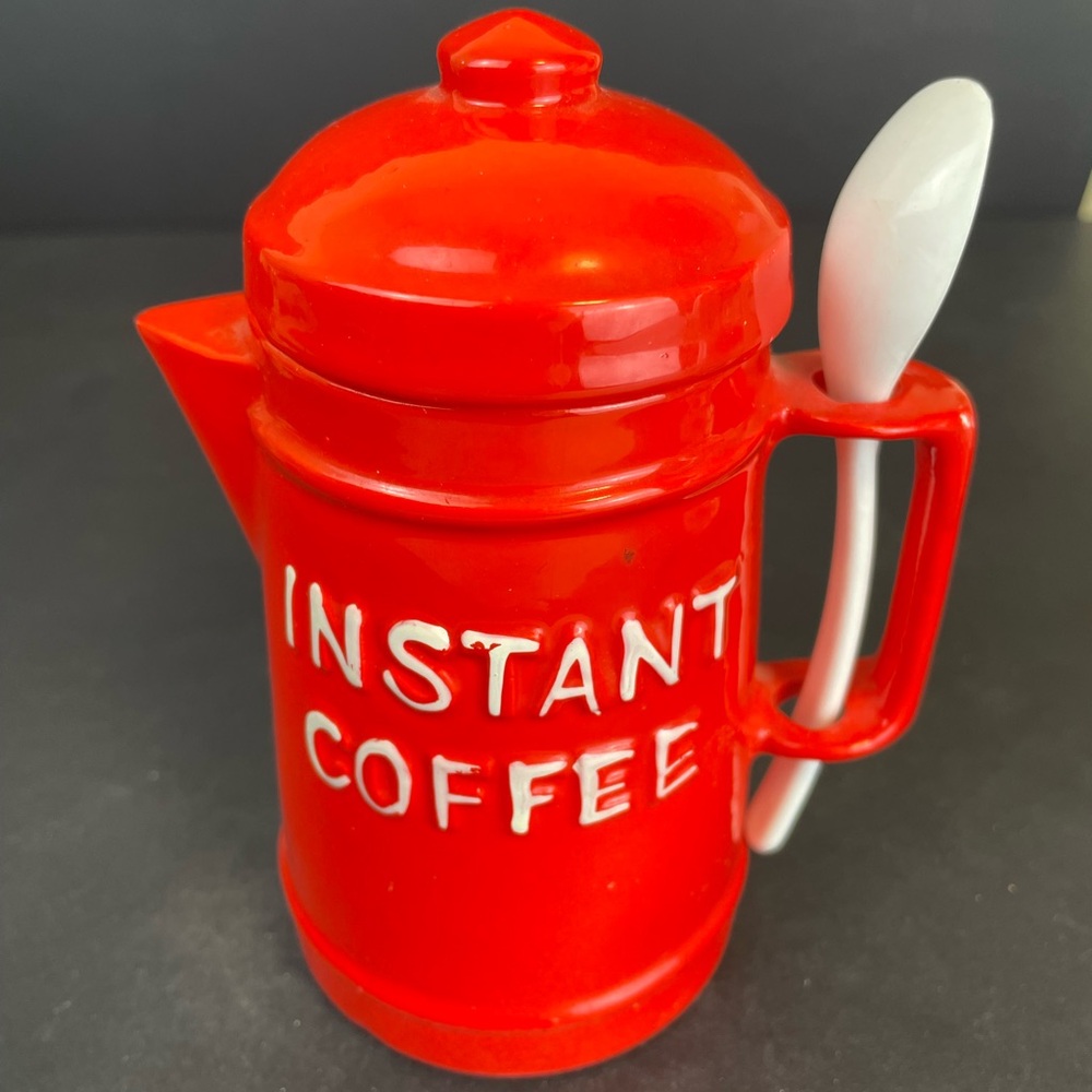 Red and White Coffee Canister with Handle and Spoon